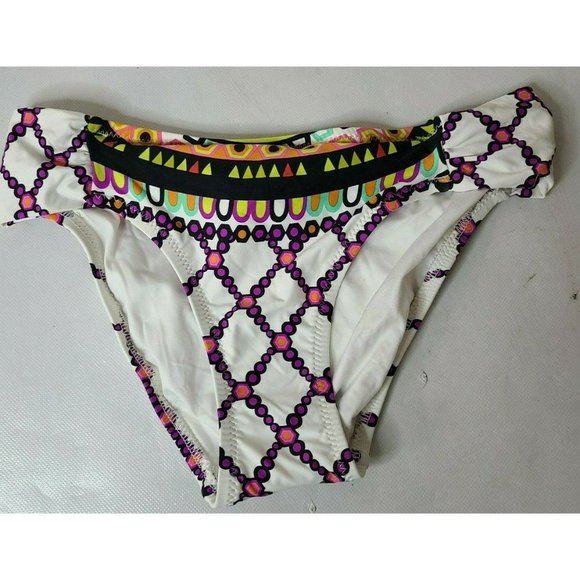 Trina Turk White Purple Shirred Side Hipster Kon Tiki Bikini Bottom Sz 4 - Picture 2 of 7